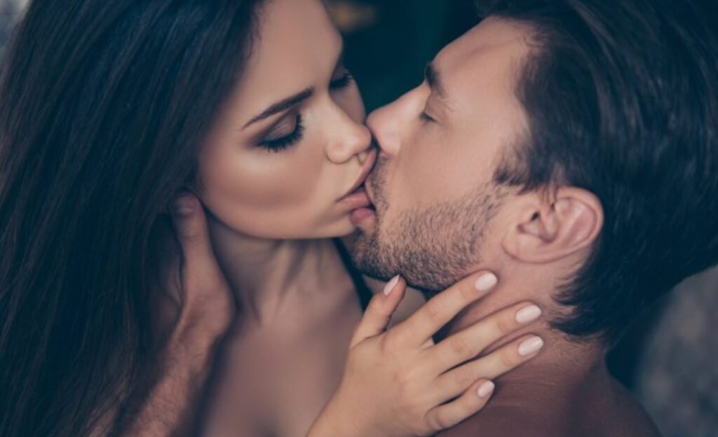 Close-up of French kiss with Amsterdam escort 